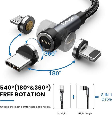 كابل شحن مغناطيسي من ESSAGER 4 حزم (3.3/3.3/6.6/6.6FT)، دوران مغناطيسي 540 درجة، مؤشر LED، توافق عالمي، كابل شاحن USB C Type-C Micro iPhone 3 في 1 (أسود) in Kuwait