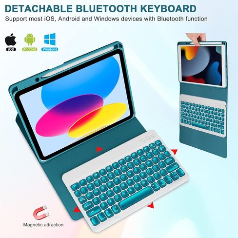 حافظة لوحة مفاتيح Eisuiyi لجهاز iPad الجيل العاشر 2022 مقاس 10.9 بوصة، لوحة مفاتيح لاسلكية قابلة للفصل بإضاءة خلفية 7 ألوان مع غطاء حماية مغناطيسي لجهاز iPad10، حامل أقلام مدمج، حماية كاملة، أسود in Kuwait
