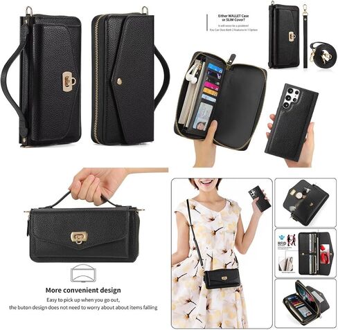 LITOU Compatible for Samsung Galaxy S24 Ultra Phone Case Wallet for Women Zipper,Detachable Magnetic,RFID Blocking Card Holder,Crossbody Strap Wristlet Case for Galaxy S24 Ultra.B1 in Kuwait