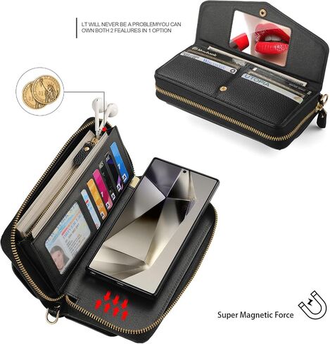 LITOU Compatible for Samsung Galaxy S24 Ultra Phone Case Wallet for Women Zipper,Detachable Magnetic,RFID Blocking Card Holder,Crossbody Strap Wristlet Case for Galaxy S24 Ultra.B1 in Kuwait