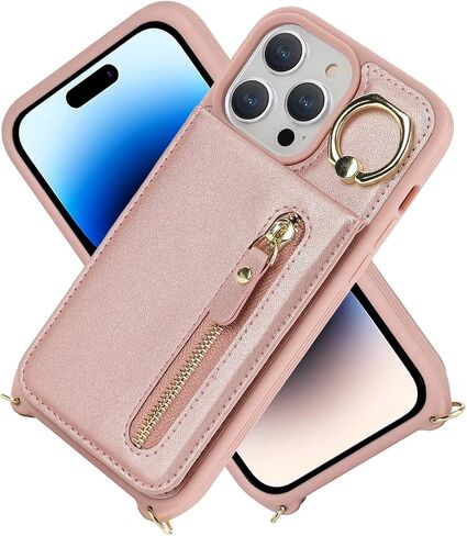 حافظة DEYHU iPhone 14 pro max مع حامل بطاقة للنساء، حافظة هاتف iPhone 14 pro max مع حزام وفتحات لبطاقة الائتمان مع حافظة بسحاب بمسند - ذهبي وردي in Saudi Arabia
