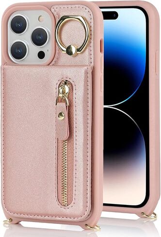 حافظة DEYHU iPhone 14 pro max مع حامل بطاقة للنساء، حافظة هاتف iPhone 14 pro max مع حزام وفتحات لبطاقة الائتمان مع حافظة بسحاب بمسند - ذهبي وردي in Saudi Arabia