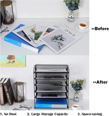باج منظم ملفات سطح المكتب من 6 طبقات، رف مجلد مستندات شبكي معدني، حامل مجلات للمنزل والمكتب والمدرسة، اسود in Kuwait
