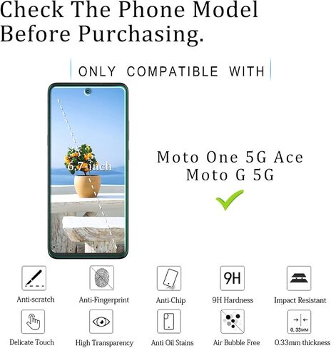 [2-Pack] KATIN For Moto G 5G, Moto One 5G Ace Tempered Glass Screen Protector No-Bubble, 9H Hardness, Easy to Install in Kuwait