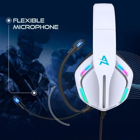 Aimzone Professional Gaming Headset with Noise Cancelling Over Ear Headphones with Mic, Soft Memory Earmuffs, RGB Light, 7.1 Surround Bass and Sound, Wired 3.5mm (White) in Kuwait