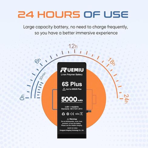 بطارية بديلة من RUEMIU لهاتف iPhone 6S Plus، 5000mah 2024 جديدة ذات سعة عالية مطورة لنماذج بطارية iPhone 6S Plus A1634 A1687 A1699 مع مجموعة أدوات إصلاح احترافية كاملة in Kuwait