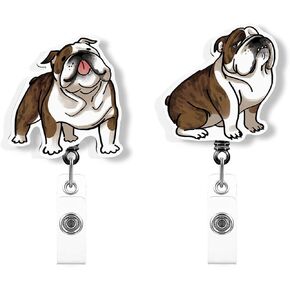 WIRESTER Set of 2 Retractable Badge Reel ID Holder with Alligator Clip for Office Worker, Medical Staffs, Nurse, Doctor, Teacher, Student - English Bulldog Funny Playful Postures