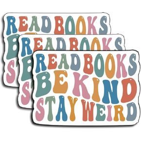 (3Pcs) Read Books Be Kind Stay Weird Stickers - Decorate Books, Laptops, Water Bottles, Kindles Stickers - 3" Waterproof Vinyl Kiss-Cut Stickers with Book Vintage Retro Groovy Design, Size 3x2.32 in Kuwait