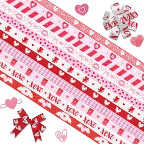 12 Rolls Happy Valentine's Day Ribbons 3/8" Wide Red Grosgrain Ribbon Pink Heart Ribbon Valentines Gnomes Craft Ribbons for Gift Wrapping Valentines Wedding Anniversary Party Decor, 12 Yards