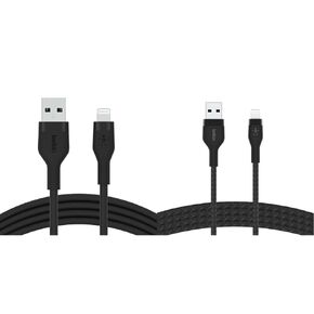 كابل Belkin BoostCharge Flex سيليكون USB من النوع A إلى Lightning (1 متر/3.3 قدم)، كابل شحن معتمد من MFi لأجهزة iPhone 13 و12 و11 وPro وMax وMini وSE وiPad والمزيد، عبوتان، أسود