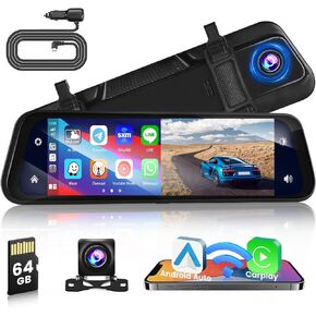 كاميرا سيارة Hikity الأمامية والخلفية لاسلكية Apple CarPlay Android Auto، كاميرا قياس 11.26 بوصة ذكية Carplay مع كاميرات بلوتوث مزدوجة وشاشة AUX سبليت وكاميرا رؤية خلفية 1080 بكسل in Kuwait