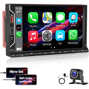 CAMECHO [Upgrade Wireless] Double Din Car Stereo Radio Compatible with Wireless Carplay Android Auto/Mirror Link, 7 Inch HD Touchscreen Bluetooth, Backup Camera, USB/TF/AUX Port, A/V Input, FM in Saudi Arabia