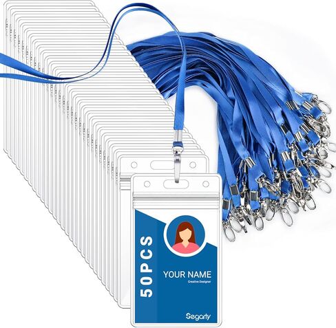 Segarty Lanyards with ID Holder, 10 Pack Vertical Clear Plastic Badge Name Tags Key Card Holders, Black Strap Clips Waterproof Ziplock Nametag Protector for Women, Business, Student, School, Office in Kuwait