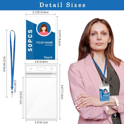Segarty Lanyards with ID Holder, 10 Pack Vertical Clear Plastic Badge Name Tags Key Card Holders, Black Strap Clips Waterproof Ziplock Nametag Protector for Women, Business, Student, School, Office in Kuwait