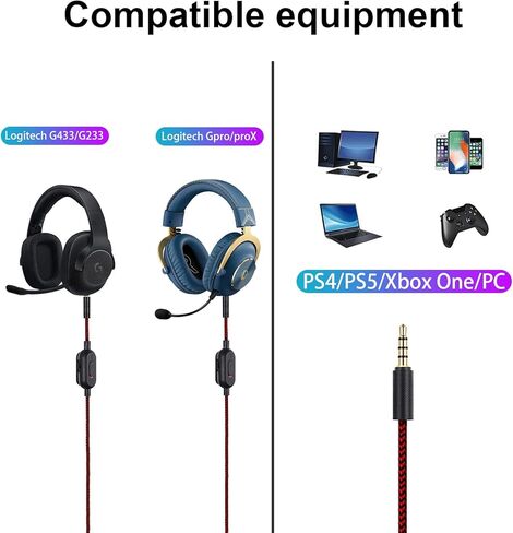 سلك كابل صوت بديل G433 لسماعات ألعاب Logitech G433 G233 G Pro G Pro X، التحكم في مستوى الصوت وكتم الصوت المضمن مع مشبك ربط يعمل على PS4/PS5/Xbox One/PC (7 أقدام، بدون ميكروفون مدمج، أسود) in Kuwait