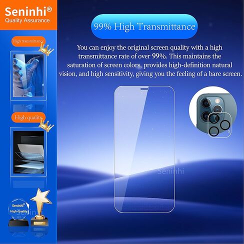 seninhi [3 + 3 عبوات] واقي شاشة iPhone 12 Pro 6.1 بوصة 3 عبوات + واقي عدسة الكاميرا 3 عبوات، واقي شاشة من الزجاج المقسى [مع إطار سهل التركيب] [صلابة 9H] [مضاد للخدش] [فقاعة in Kuwait