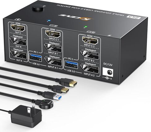 KVM Switch 3 أجهزة كمبيوتر 3 شاشات، USB 3.0 HDMI + DisplayPort 8K@30 هرتز/4k@144 هرتز شاشة ثلاثية DP KVM Switcher لـ 3 أجهزة كمبيوتر مشاركة 3 شاشات عرض و4 أجهزة USB 3.0، جهاز تحكم سلكي متضمن in Kuwait