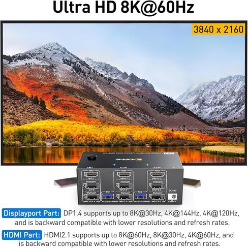 KVM Switch 3 أجهزة كمبيوتر 3 شاشات، USB 3.0 HDMI + DisplayPort 8K@30 هرتز/4k@144 هرتز شاشة ثلاثية DP KVM Switcher لـ 3 أجهزة كمبيوتر مشاركة 3 شاشات عرض و4 أجهزة USB 3.0، جهاز تحكم سلكي متضمن in Kuwait