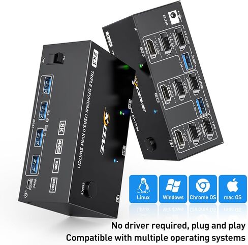 KVM Switch 3 أجهزة كمبيوتر 3 شاشات، USB 3.0 HDMI + DisplayPort 8K@30 هرتز/4k@144 هرتز شاشة ثلاثية DP KVM Switcher لـ 3 أجهزة كمبيوتر مشاركة 3 شاشات عرض و4 أجهزة USB 3.0، جهاز تحكم سلكي متضمن in Kuwait