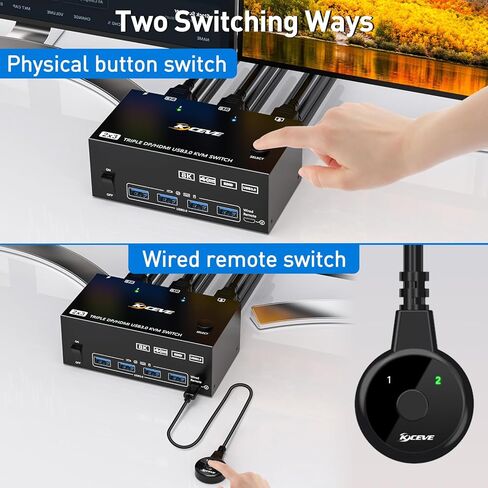 KVM Switch 3 أجهزة كمبيوتر 3 شاشات، USB 3.0 HDMI + DisplayPort 8K@30 هرتز/4k@144 هرتز شاشة ثلاثية DP KVM Switcher لـ 3 أجهزة كمبيوتر مشاركة 3 شاشات عرض و4 أجهزة USB 3.0، جهاز تحكم سلكي متضمن in Kuwait