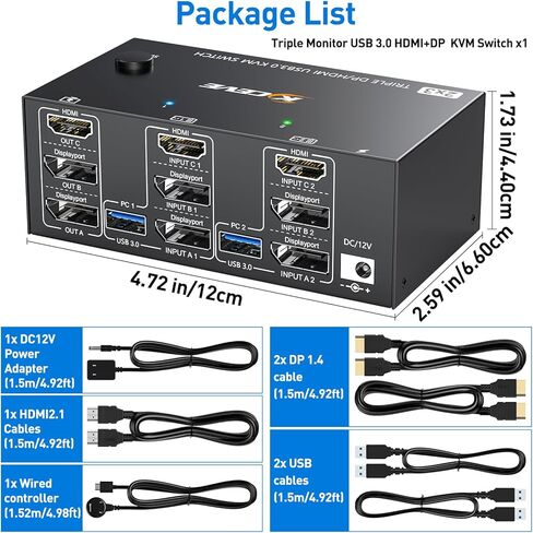 KVM Switch 3 أجهزة كمبيوتر 3 شاشات، USB 3.0 HDMI + DisplayPort 8K@30 هرتز/4k@144 هرتز شاشة ثلاثية DP KVM Switcher لـ 3 أجهزة كمبيوتر مشاركة 3 شاشات عرض و4 أجهزة USB 3.0، جهاز تحكم سلكي متضمن in Kuwait