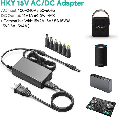 [مدرج في UL] HKY 15V 60W Universal AC/DC محول تحويل التيار الكهربائي مع 6 نصائح محول قابلة للتحديد، AC إلى DC 15V 4A (15V 3.5A، 15V 3A، 15V 2A، 15V 2.5A متوافق) كابل سلك الطاقة شاحن قابس الحائط in Kuwait