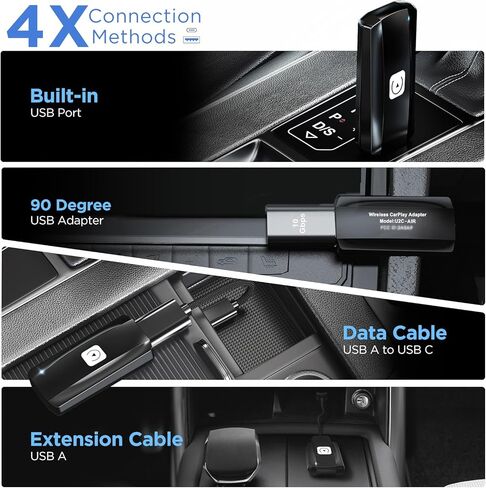 MSXTTLY Wireless CarPlay Adapter for Apple iPhone iOS 12+ Small Car Play Dongle for OEM Wired CarPlay Car Model 2017+ USB C to A, USB A Cable, 90 Degree USB Adapter, 3 Adapters in Kuwait