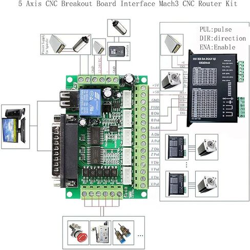 DAOKI DC 12-24V CNC Breakout Board 5 محور Mach3 واجهة لوحة مقرنة بصرية، مع كابل منفذ متوازي كابل USB XH2.54 4P كابل لسائق محرك متدرج MACH3 in Kuwait