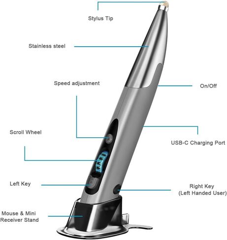 Jhua Wireless Optical Pocket Pen Mouse, 2.4GHz USB Wireless Mouse Pen with Stylus Function Adjustable 800/1200/1600 DPI Handwriting Rechargeable Pen Mouse Wireless for Laptop Android Tablet PC (Grey) in Kuwait
