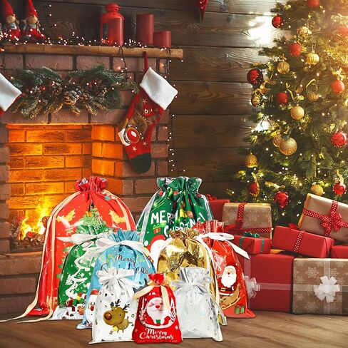 20pc Christmas Gift Bags with Colorful Drawstring Holiday Gift Bags Xmas Gift Treat Bags for Party Favors Present Wrapping in Kuwait