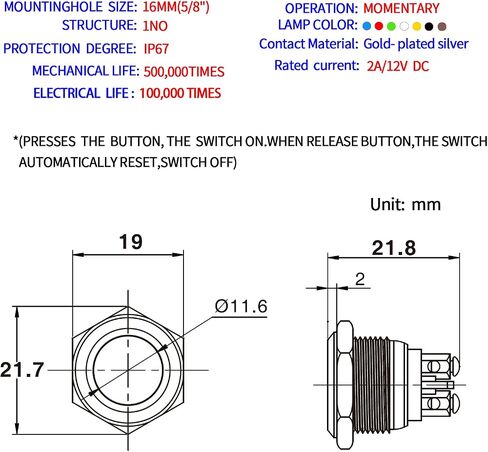 ZJWZJH 16mm Momentary Push Button Switch UL Certification Waterproof IP67 0.63" High Head Cap 3A 5V 12V 24V 120V SPST Start Button Screw Pin Black in Saudi Arabia