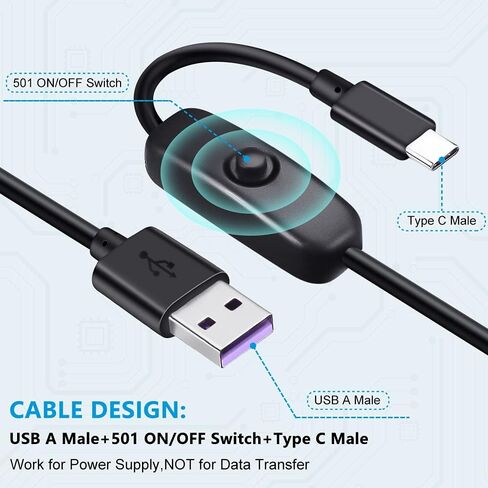كيبل شحن USB نوع ايه الى USB C، كيبل شحن سريع USB نوع C مع مفتاح تشغيل/ايقاف، متوافق مع راسبيري باي 4 بي، مصباح مكتبي يو اس بي/مروحة USB، شريط شريط LED، سهل التشغيل/اعادة التشغيل (عبوة من قطعتين) in Saudi Arabia