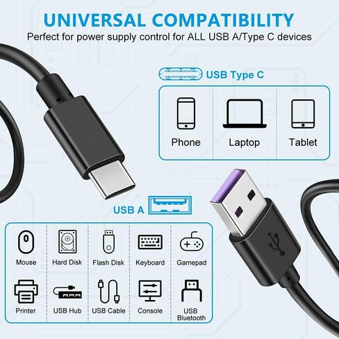كيبل شحن USB نوع ايه الى USB C، كيبل شحن سريع USB نوع C مع مفتاح تشغيل/ايقاف، متوافق مع راسبيري باي 4 بي، مصباح مكتبي يو اس بي/مروحة USB، شريط شريط LED، سهل التشغيل/اعادة التشغيل (عبوة من قطعتين) in Saudi Arabia