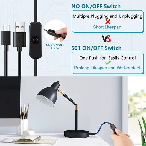 كيبل شحن USB نوع ايه الى USB C، كيبل شحن سريع USB نوع C مع مفتاح تشغيل/ايقاف، متوافق مع راسبيري باي 4 بي، مصباح مكتبي يو اس بي/مروحة USB، شريط شريط LED، سهل التشغيل/اعادة التشغيل (عبوة من قطعتين) in Saudi Arabia