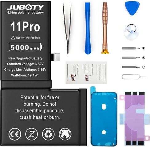 بطارية JUBOTY بقدرة 5000 مللي أمبير في الساعة لهاتف iPhone 11 Pro، بطارية ليثيوم أيون داخلية جديدة مطورة 0 دورة عالية السعة لاستبدال موديلات iPhone 11 Pro A2160 A2215 A2217 مع مجموعة أدوات إصلاح احترافية in Kuwait