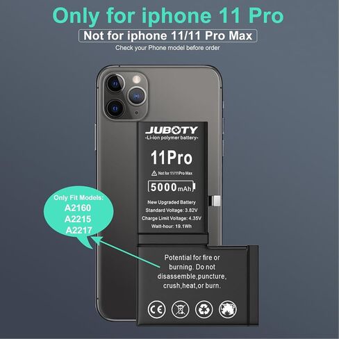 بطارية JUBOTY بقدرة 5000 مللي أمبير في الساعة لهاتف iPhone 11 Pro، بطارية ليثيوم أيون داخلية جديدة مطورة 0 دورة عالية السعة لاستبدال موديلات iPhone 11 Pro A2160 A2215 A2217 مع مجموعة أدوات إصلاح احترافية in Kuwait