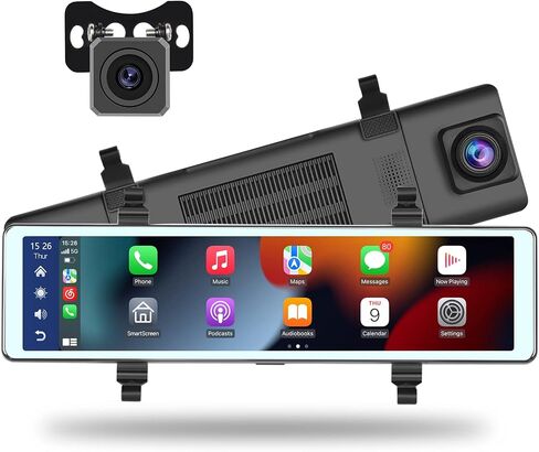 كاميرا سيارة Hikity الأمامية والخلفية لاسلكية Apple CarPlay Android Auto، كاميرا قياس 11.26 بوصة ذكية Carplay مع كاميرات بلوتوث مزدوجة وشاشة AUX سبليت وكاميرا رؤية خلفية 1080 بكسل in Kuwait