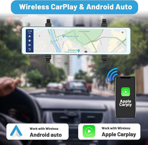 كاميرا سيارة Hikity الأمامية والخلفية لاسلكية Apple CarPlay Android Auto، كاميرا قياس 11.26 بوصة ذكية Carplay مع كاميرات بلوتوث مزدوجة وشاشة AUX سبليت وكاميرا رؤية خلفية 1080 بكسل in Kuwait