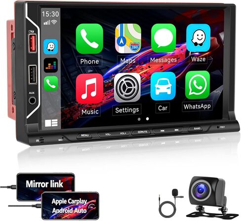 CAMECHO [ترقية لاسلكية] راديو ستيريو للسيارة مزدوج الدين متوافق مع Carplay Android التلقائي/مرآة الارتباط، شاشة لمس عالية الدقة 7 بوصة بلوتوث، كاميرا احتياطية، منفذ USB/TF/AUX، مدخل A/V، FM in Saudi Arabia