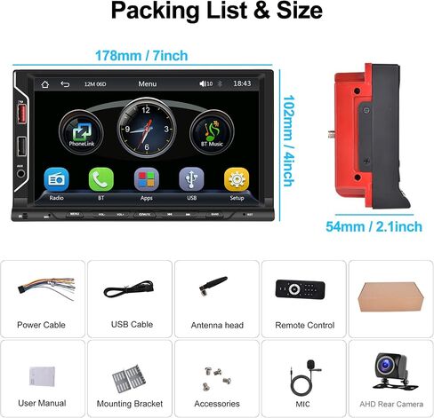 CAMECHO [ترقية لاسلكية] راديو ستيريو للسيارة مزدوج الدين متوافق مع Carplay Android التلقائي/مرآة الارتباط، شاشة لمس عالية الدقة 7 بوصة بلوتوث، كاميرا احتياطية، منفذ USB/TF/AUX، مدخل A/V، FM in Saudi Arabia