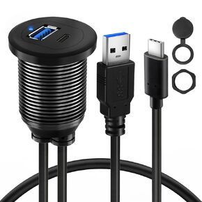 BATIGE Alloy Single Port USB 3.0 Dashboard Port Car Mount Flush Cable, Male to Female Waterproof Extension Cable for Car Truck Boat Motorcycle with LED Indicator - 3ft
