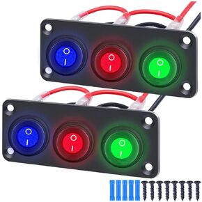 MKBKLLJY 2 مجموعات 5 عصابة الروك تبديل لوحة التبديل مع 12V DC جولة نقطة مضاءة 20A 3 دبابيس تشغيل / إيقاف SPST التبديل التحكم الأزرق / الأحمر ضوء LED، مع موصل تقليص الحرارة الأزرق، المسمار، سلك الطائر للسيارة / القارب