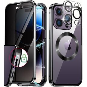 [CD Loop+Safety Lock]Magnetic Case for iPhone 14 Pro Max,[Privacy Screen with Camera Lens][Electroplating Metal Bumper]Double Sided 9H Glass Compatible with MagSafe