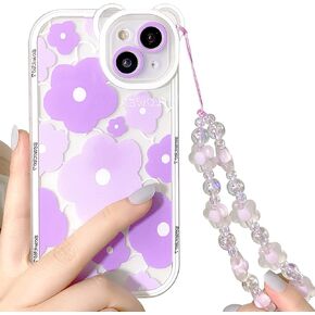 NITITOP Compatible for iPhone 13 Case Clear Cute Flower Floral Bear with Pearl Chain for Girls Women with Bear Ears Soft TPU Shockproof Protective Girly-Bear in Kuwait