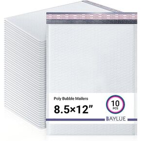 Baylue 8.5x12، رسائل فقاعات بولي، 2، أظرف مبطنة، أكياس التغليف، مظاريف الشحن مع الفقاعات، أكياس التعبئة مع شريط ذاتي الغلق، حجم قابل للاستخدام 8.5x11، 10 عبوات in Kuwait