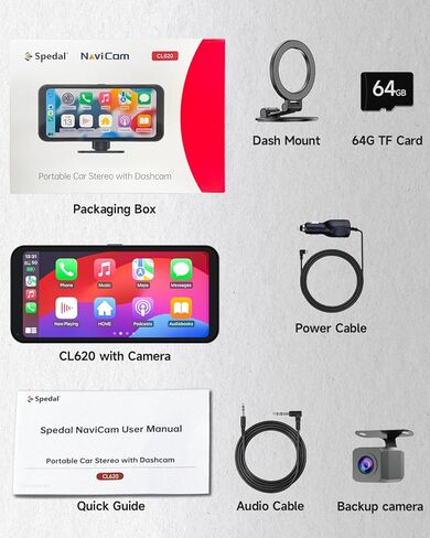 ستيريو سيارة Spedal Wireless Carplay، 2024 محمول 6.25 بوصة 2K Dash Cam وكاميرا احتياطية 1080P وضبط تلقائي للسطوع مع Apple CarPlay وAndroid Auto/Bluetooth/64G TF Card in Kuwait