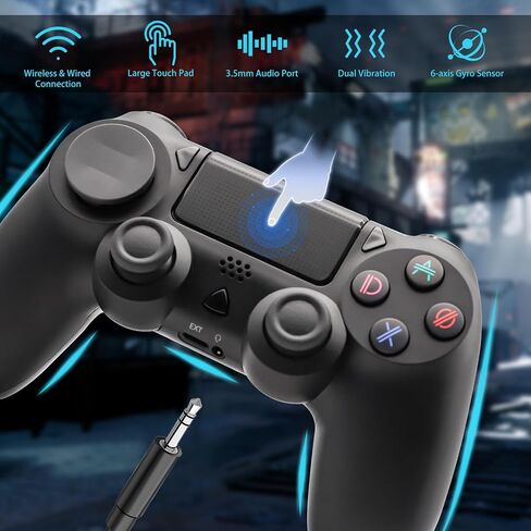 وحدة تحكم لاسلكية LARSEBEI متوافقة مع PS4/Pro/Slim - اهتزاز مزدوج/تحكم في الحركة 6 محاور/مقبس صوت 3.5 ملم/لوحة لمس متعددة/زر مشاركة، متوافق مع أجهزة الكمبيوتر التي تعمل بنظام Windows 7/8/10 in Kuwait