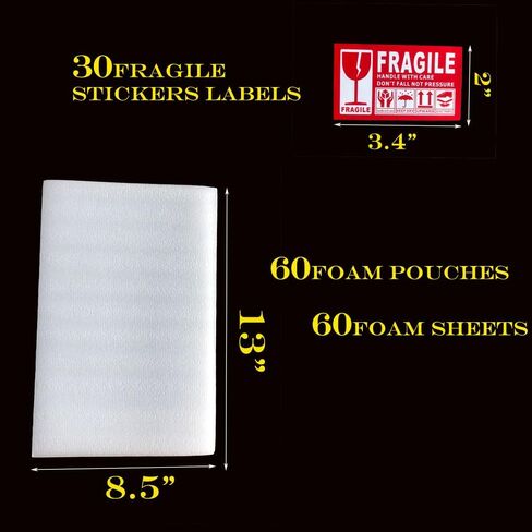 WETRUIFANZHI 60 Pack 8.5"X 13"Cushion Wrap Foam Pouches & 60 Foam Sheets for Moving,Shipping,Packaging, Storage-Safely,1/13"Thickness,Extra 30 PCS Fragile Stickers Labels-Protect Glasses and Dishes  in Saudi Arabia