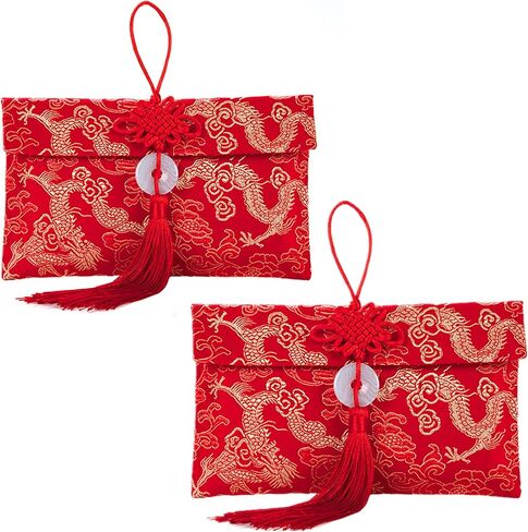 ايسوين مظاريف حمراء للعام الصيني الجديد 2024 من قماش الحرير، اكياس هدايا من القماش الحريري، جيوب للنقود والعملات المعدنية وحامل بطاقات الحظ لمستلزمات الربيع وحفلات الزفاف in Kuwait
