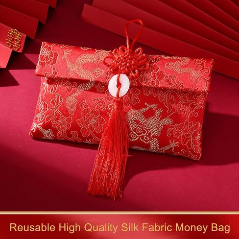 ايسوين مظاريف حمراء للعام الصيني الجديد 2024 من قماش الحرير، اكياس هدايا من القماش الحريري، جيوب للنقود والعملات المعدنية وحامل بطاقات الحظ لمستلزمات الربيع وحفلات الزفاف in Kuwait